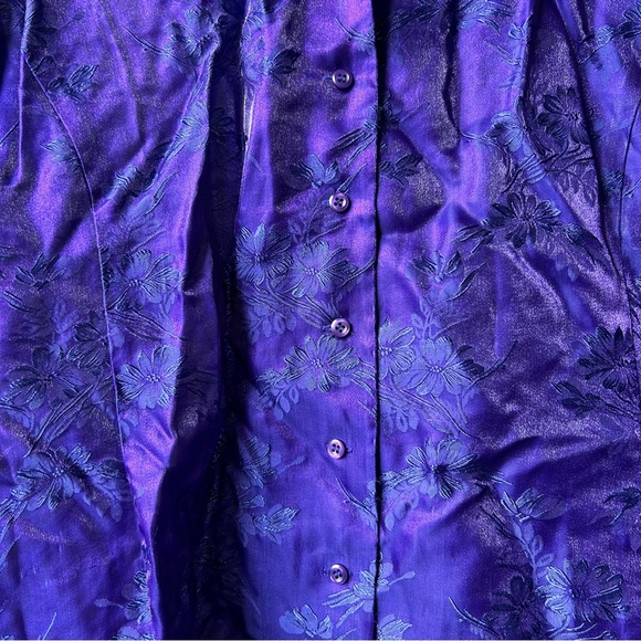 Vintage Easy Spirit Metallic Purple Button Up Floral Long Sleeve Blouse - Picture 2 of 5